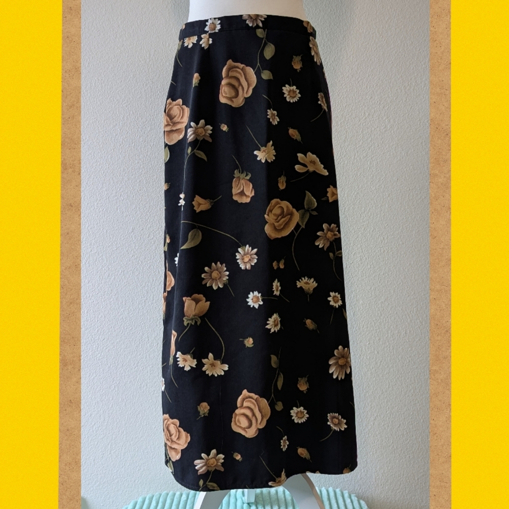 Tracy Evans Vintange Black & Tan Floral Midi Skirt Size 7